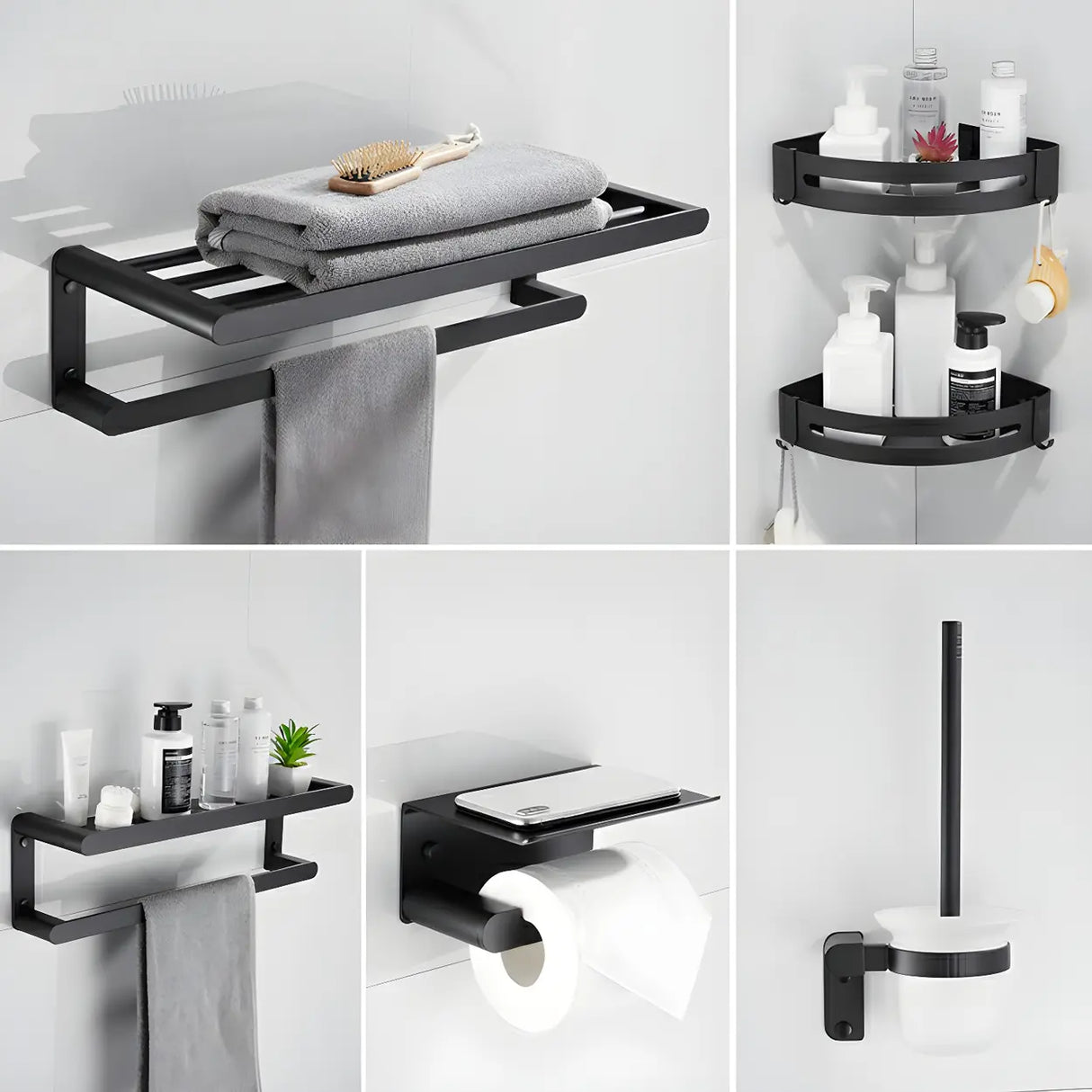 Black Metal Shelf and Rack Storage Bathroom Hardware Set Image - 13