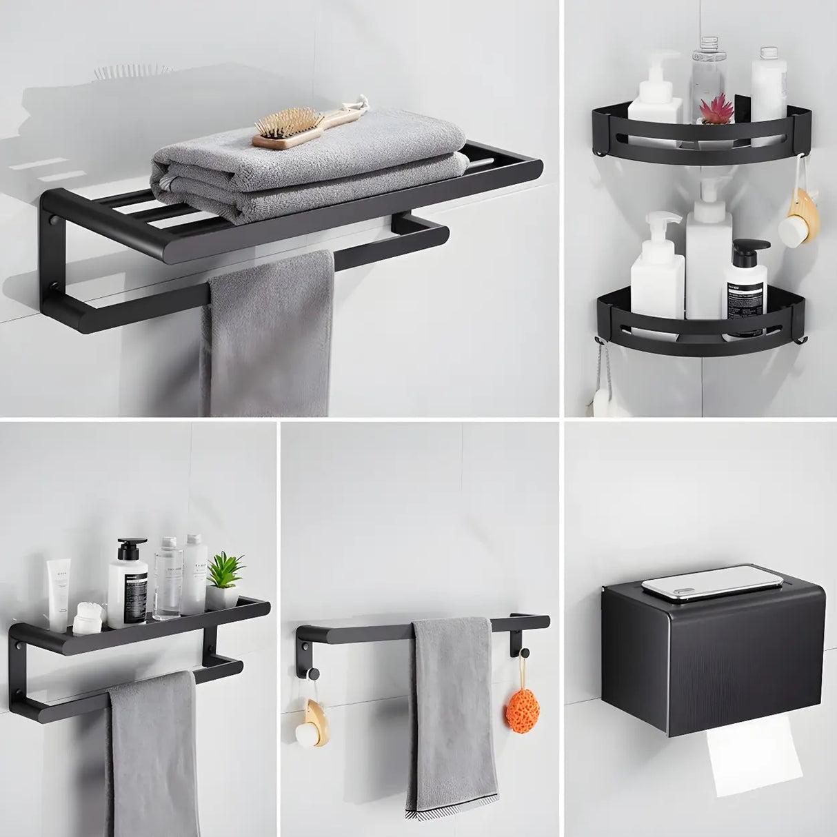 Black Metal Shelf and Rack Storage Bathroom Hardware Set Image - 25