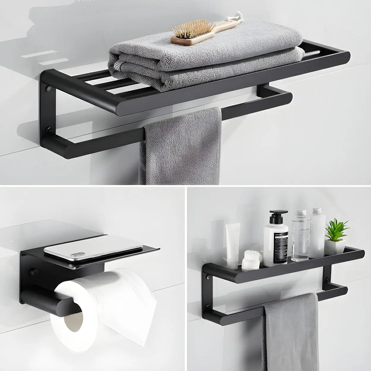 Black Metal Shelf and Rack Storage Bathroom Hardware Set Image - 3