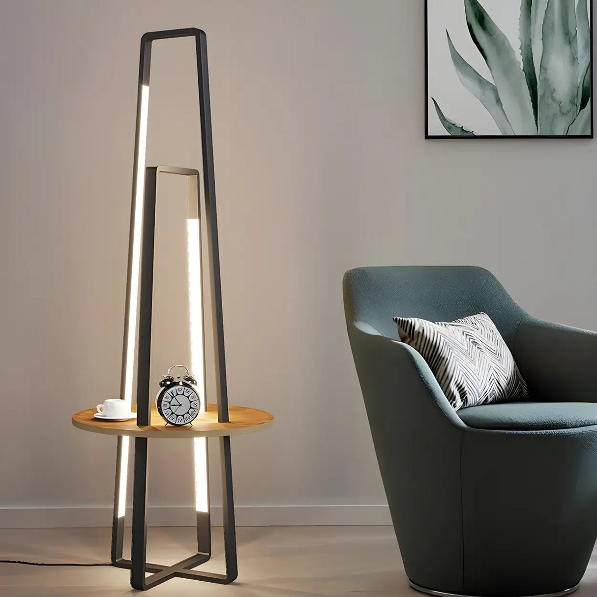 Black Metal Simple LED Geometric Shelf Floor Lamp Image - 1