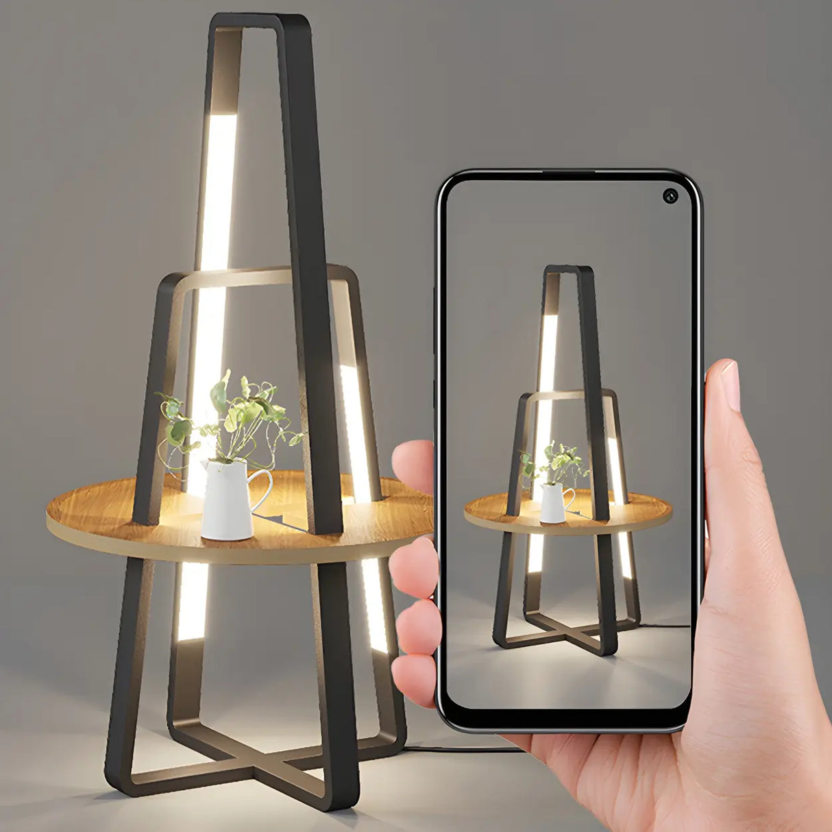 Black Metal Simple LED Geometric Shelf Floor Lamp Image - 12