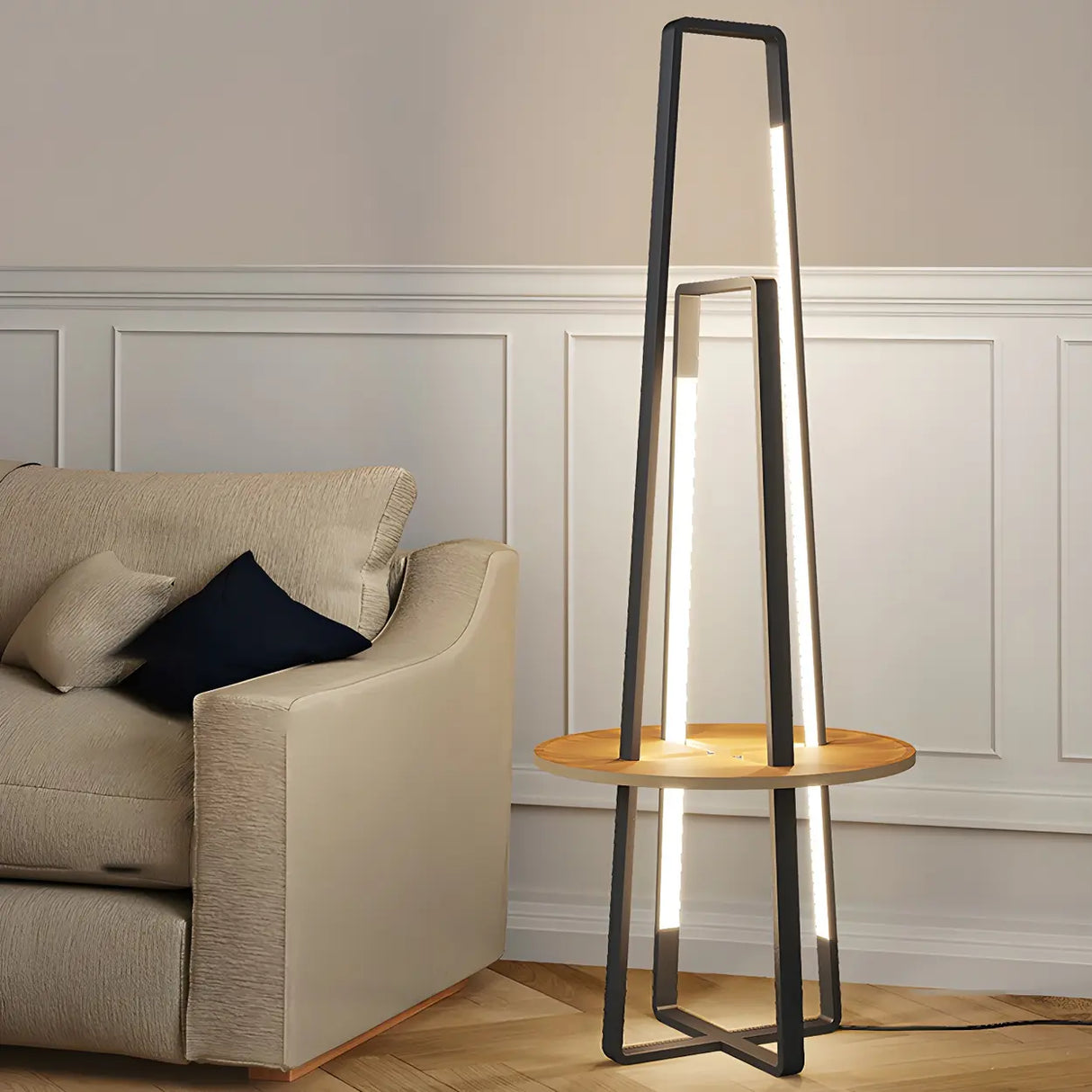 Black Metal Simple LED Geometric Shelf Floor Lamp Image - 3