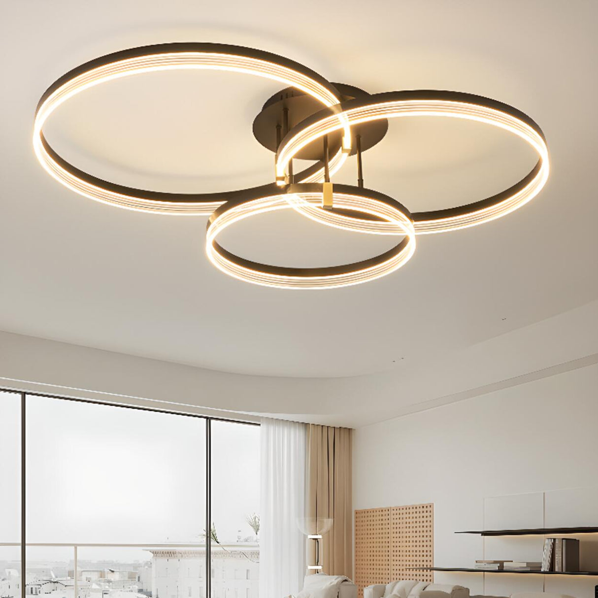 Black Metal Three Circle Semi-Flush Mount Ceiling Light Image - 4