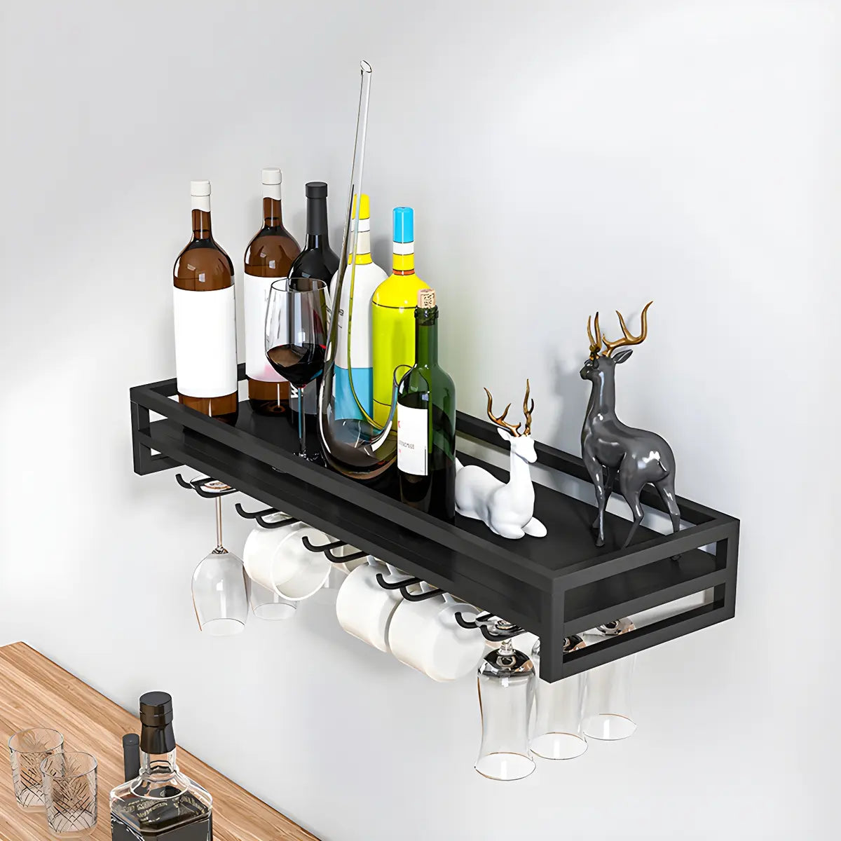 Black Minimalist Iron Floating Wall Mount Holder Wine Rack Image - 1