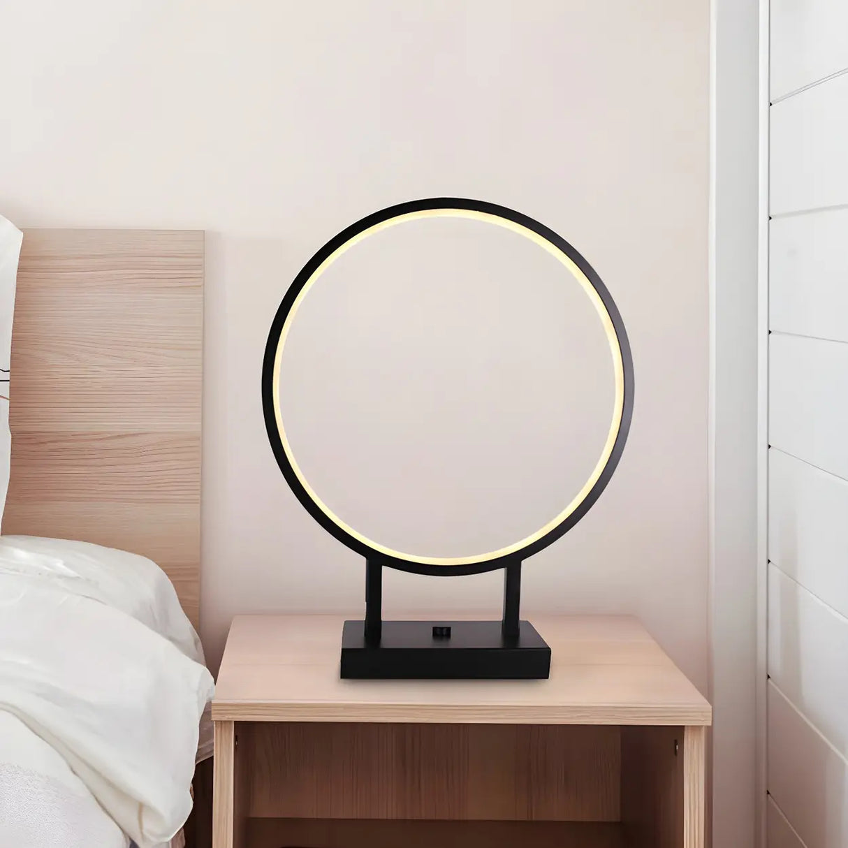 Black Minimalist Ring Aluminum LED Bedroom Table Lamp Image - 2