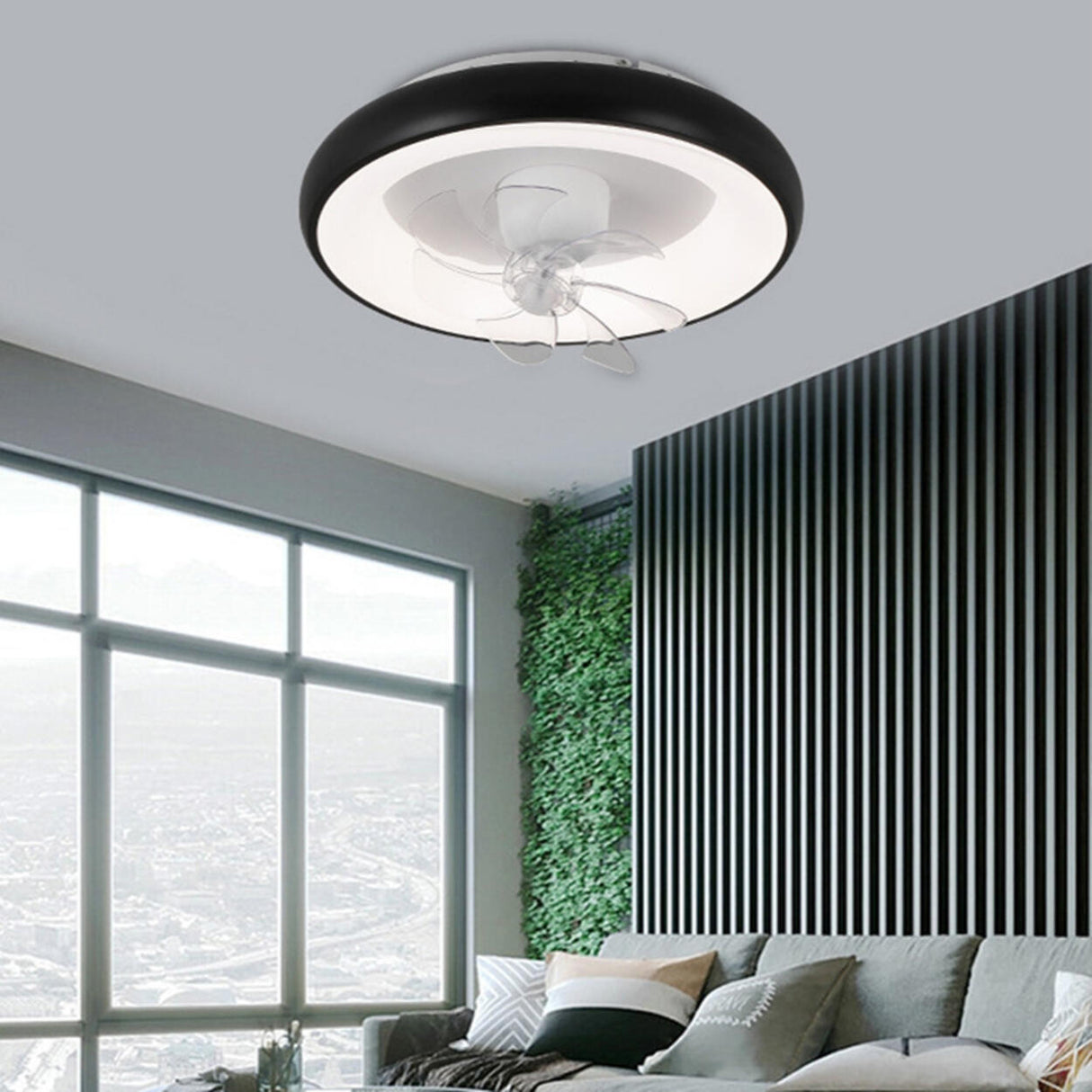 Black Minimalist Round Ceiling Fan with LED Light Image - 4