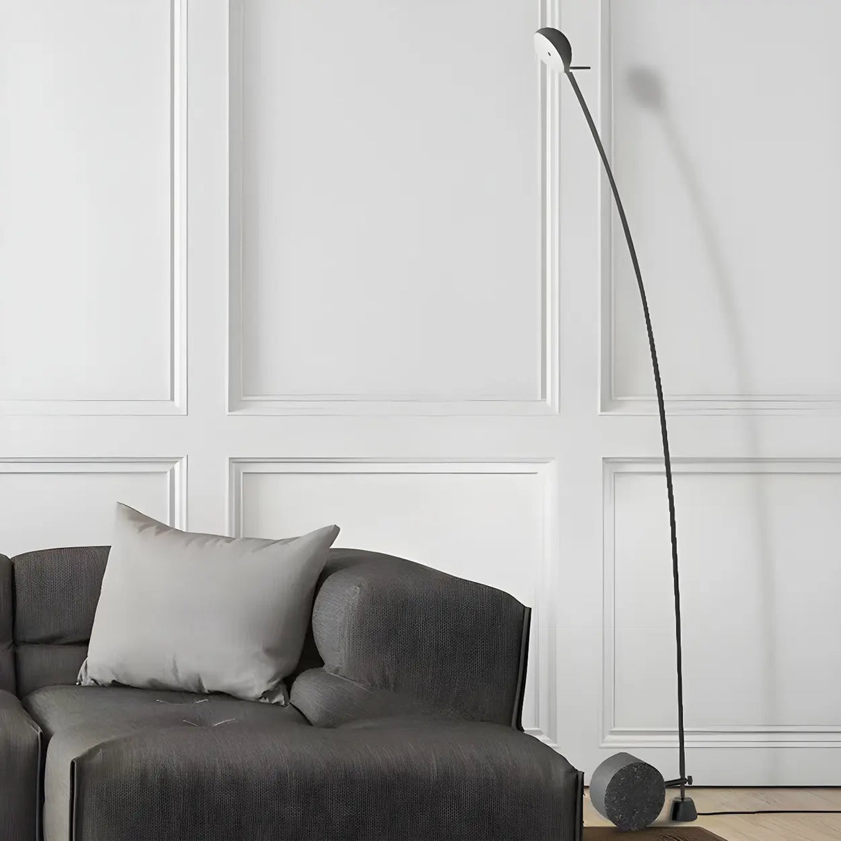 Black Minimalist Weighted Base Arched Floor Lamp Image - 11