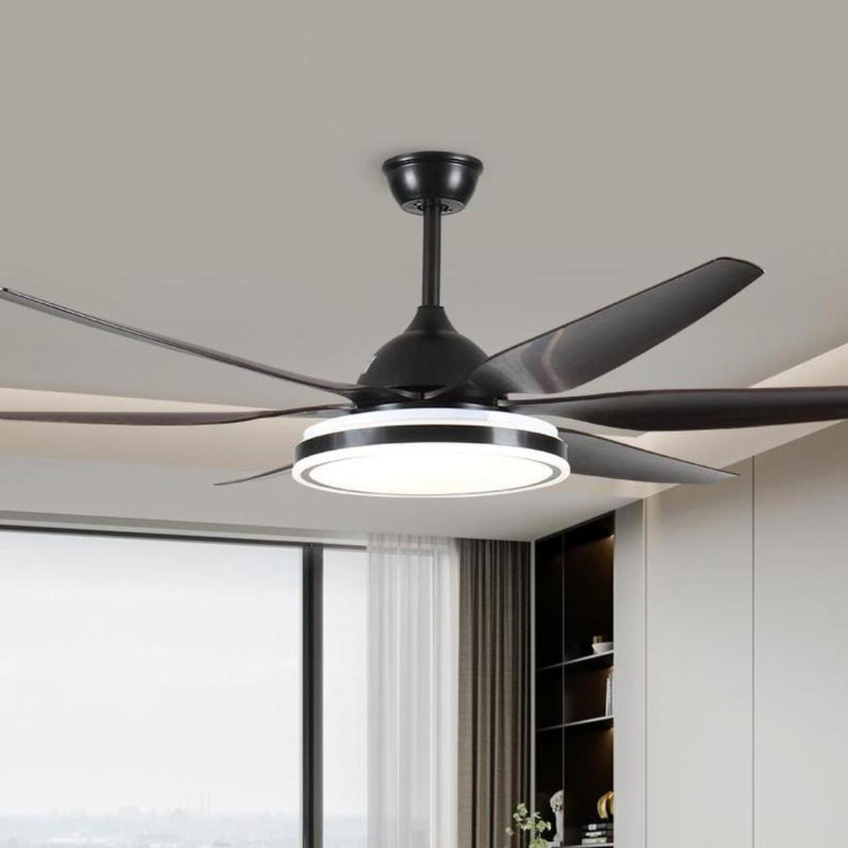 Black Modern 6 Blade Propeller Ceiling Fan with Light Image - 2