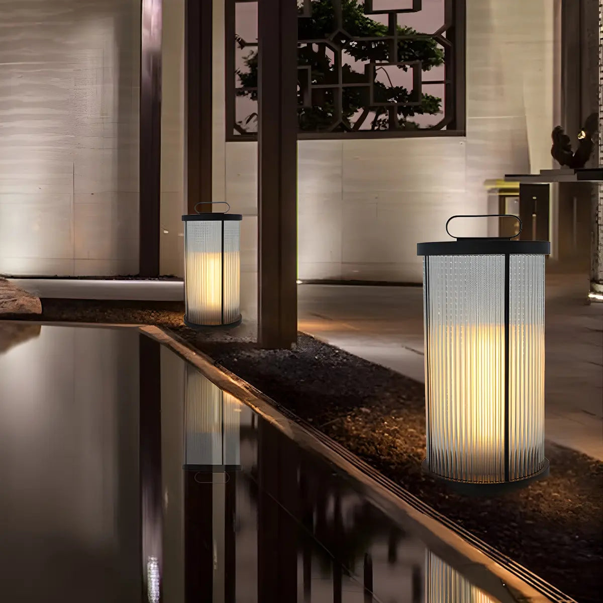 Black Modern Cylindrical Glass Outdoor Decor Table Lamp Image - 13