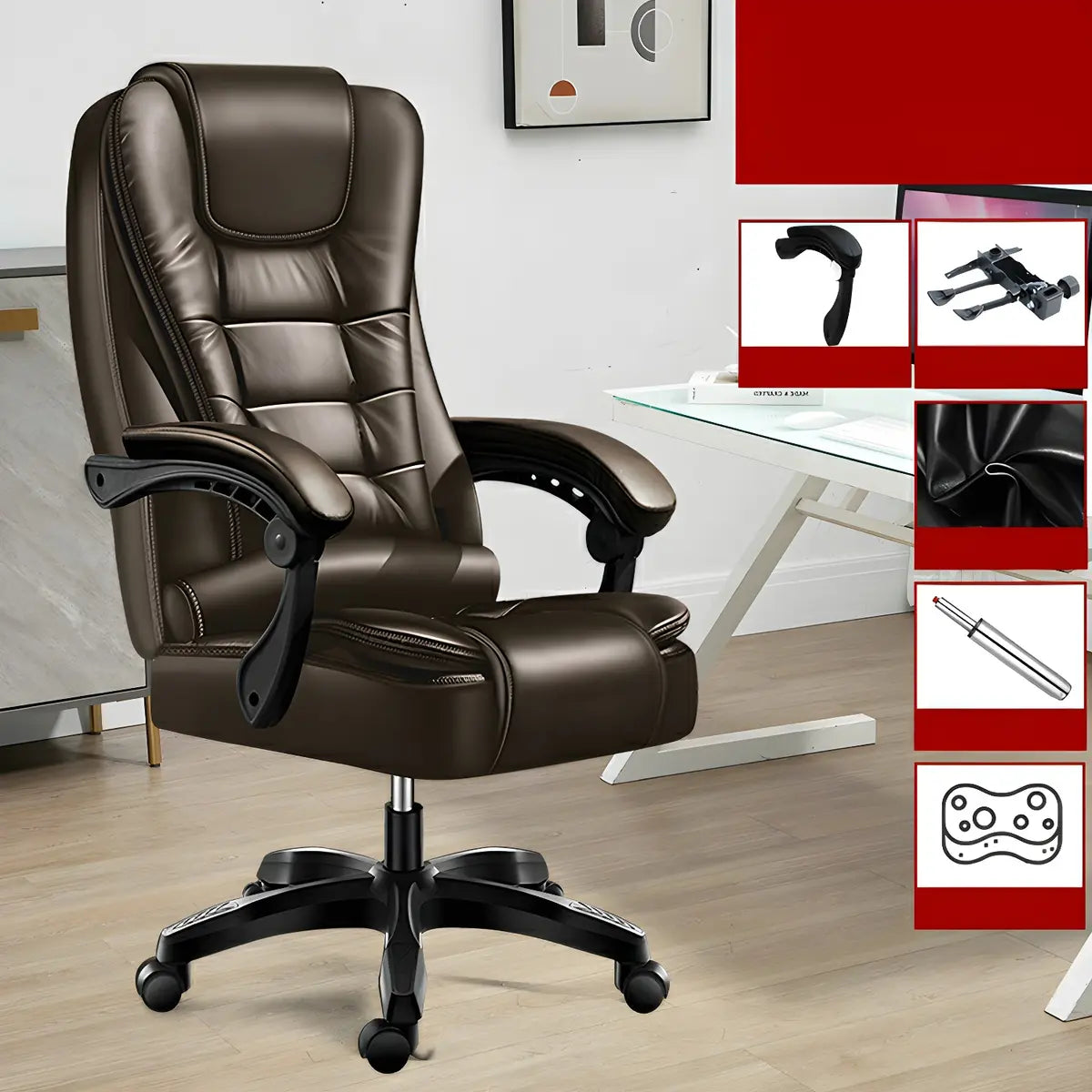 Black Modern Ergonomic Leather Recliner Office Chair Image - 15