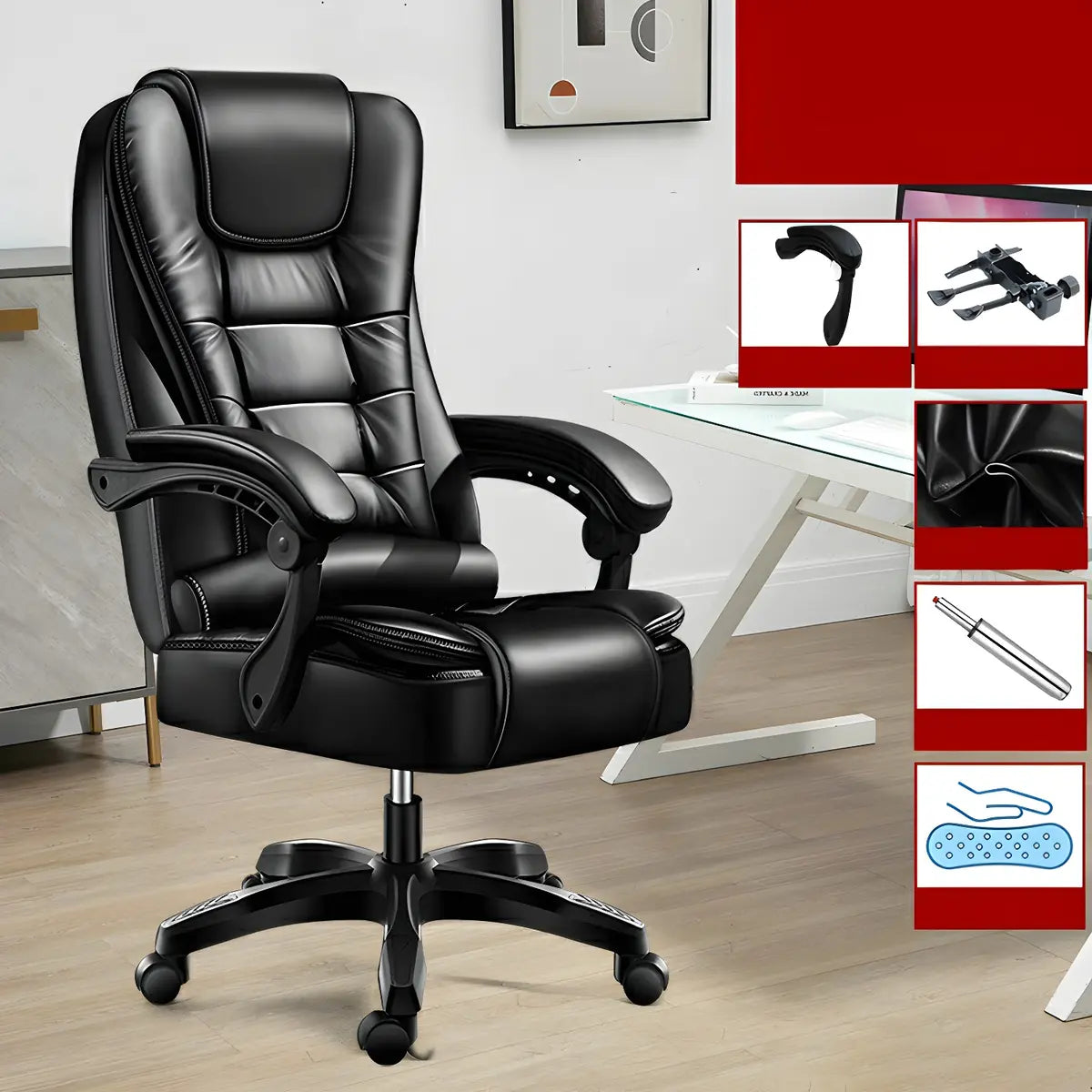 Black Modern Ergonomic Leather Recliner Office Chair Image - 5