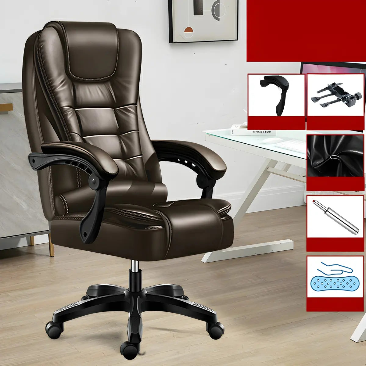 Black Modern Ergonomic Leather Recliner Office Chair Image - 7