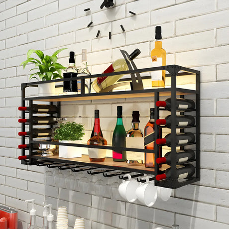 Black Modern Iron Floating Wall Wine Rack with Glass Holder Image - 1