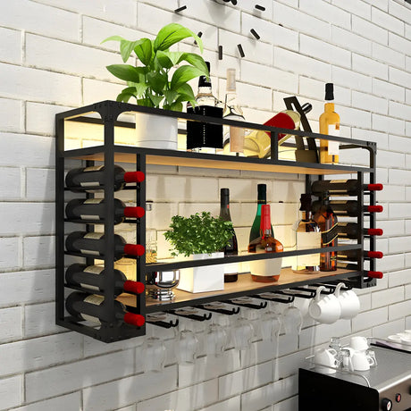 Black Modern Iron Floating Wall Wine Rack with Glass Holder Image - 2