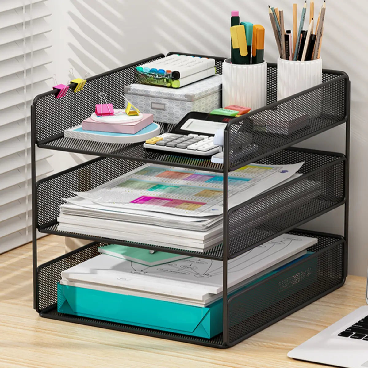 Black Modern Iron Mesh Desktop Organizer Bookcases Image - 1