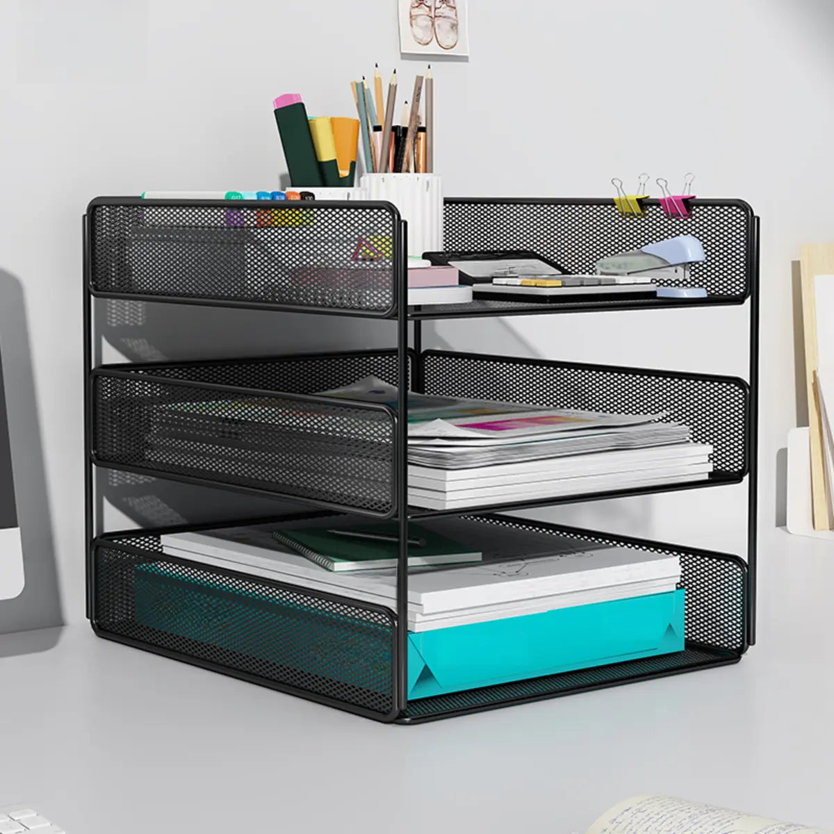 Black Modern Iron Mesh Desktop Organizer Bookcases Image - 3