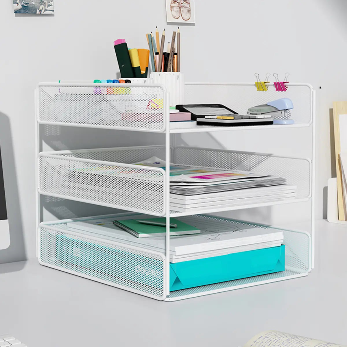 Black Modern Iron Mesh Desktop Organizer Bookcases Image - 9