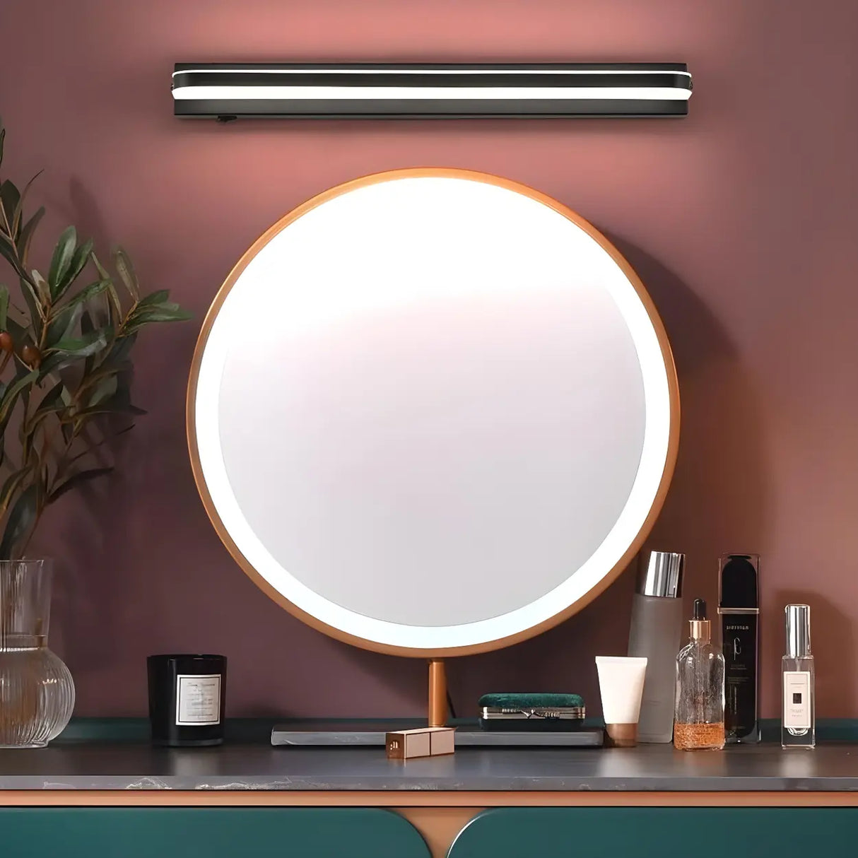 Black Modern Linear Metal Mirror Vanity LED Light Image - 5