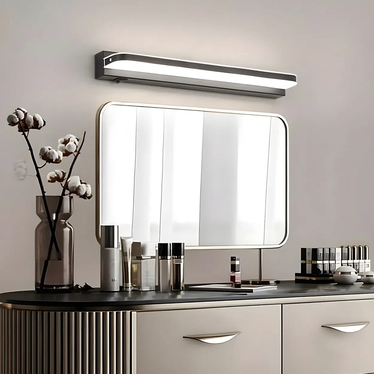 Black Modern Linear Metal Mirror Vanity LED Light Image - 6