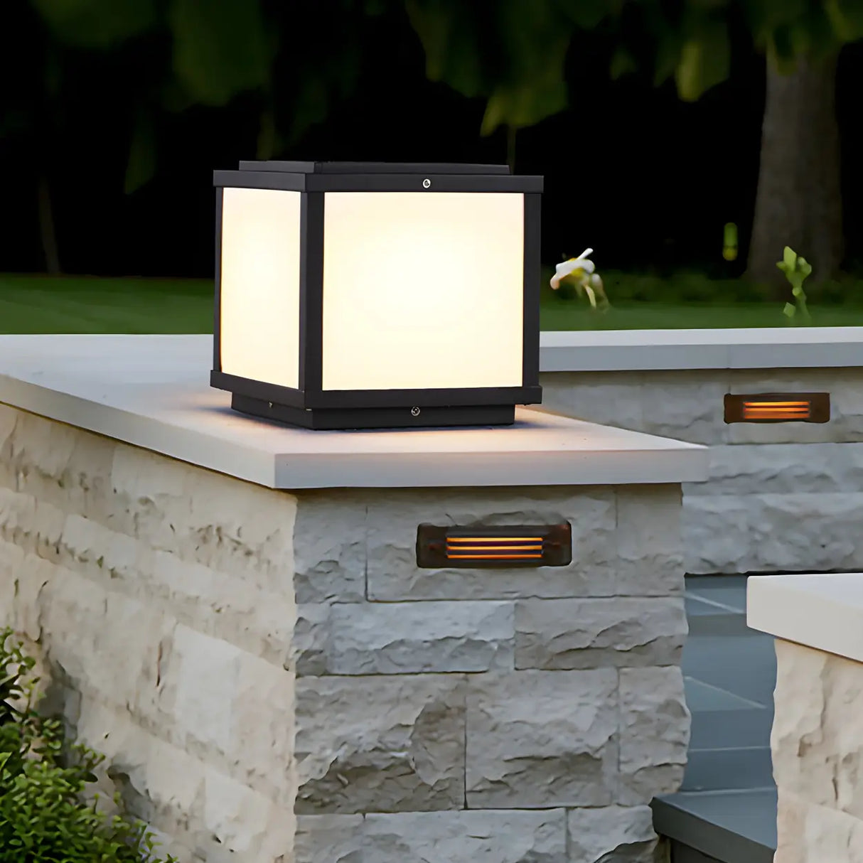 Black Modern Minimalist Cube Metal Outdoor Post Light Image - 4