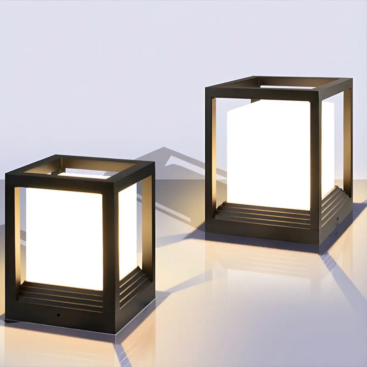 Black Modern Minimalist Cube Metal Outdoor Table Lamp Image - 1