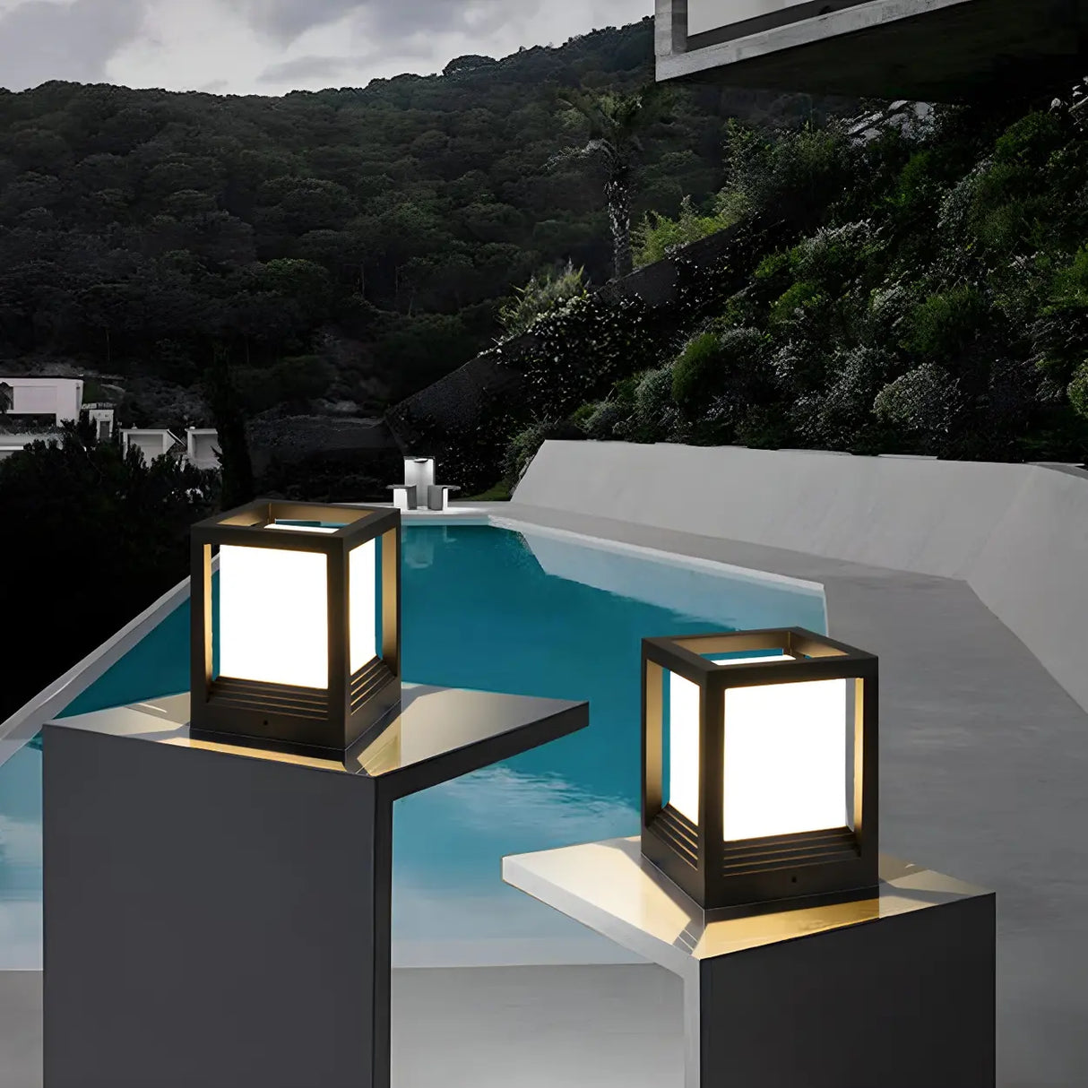 Black Modern Minimalist Cube Metal Outdoor Table Lamp Image - 2