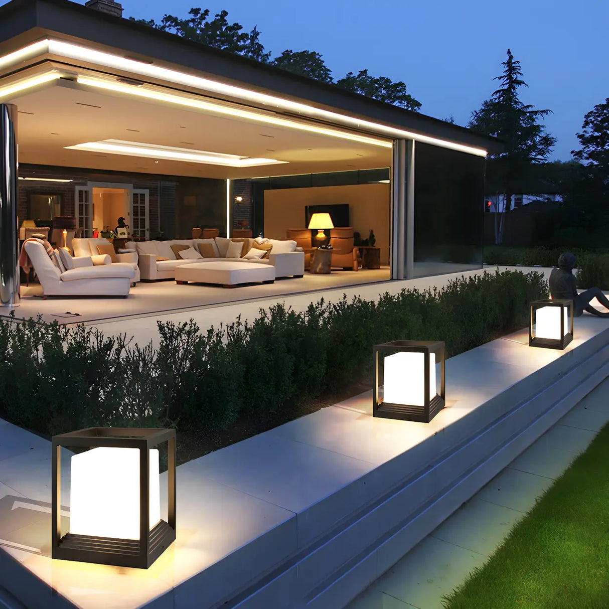 Black Modern Minimalist Cube Metal Outdoor Table Lamp Image - 3