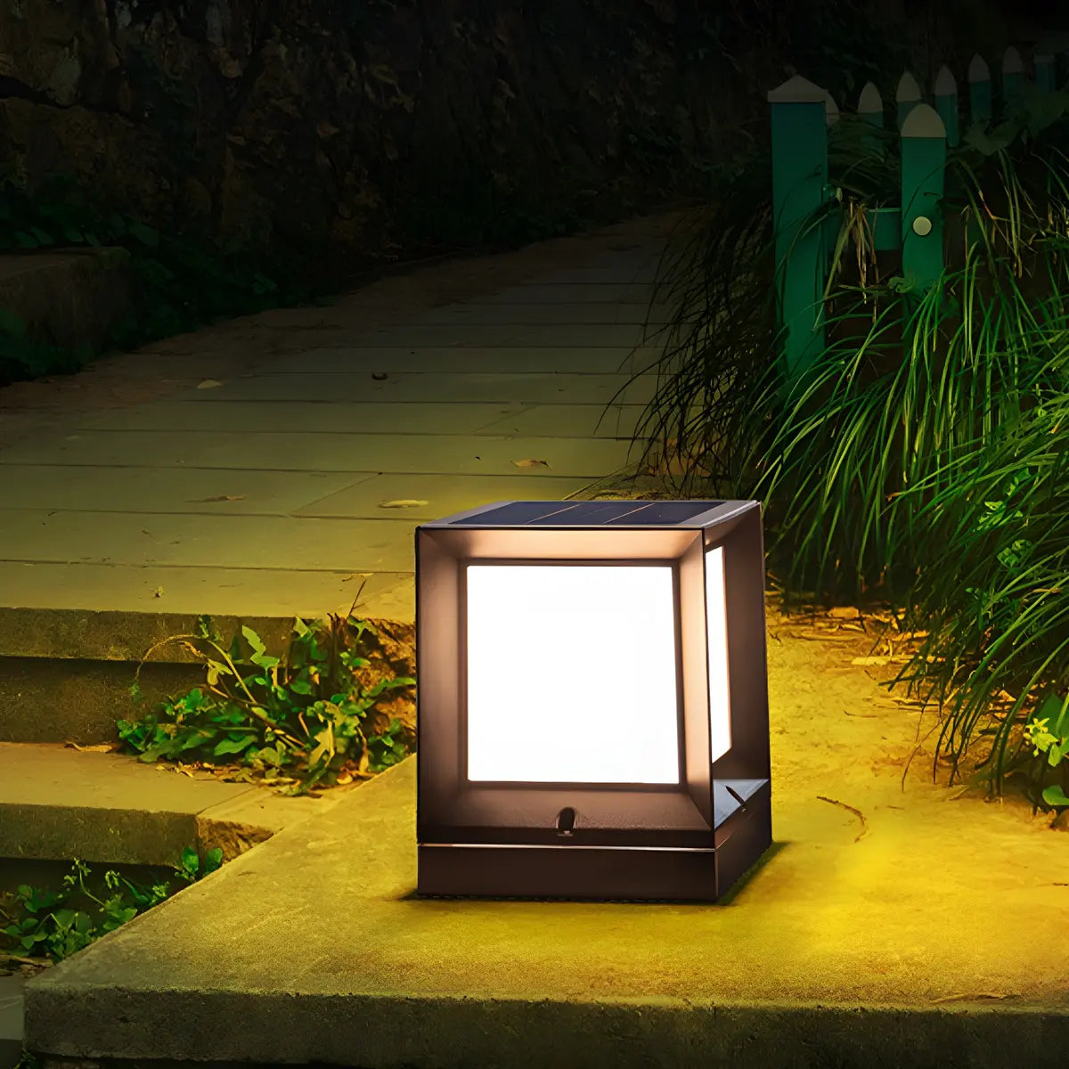 Black Modern Square Solar Garden Waterproof Post Light Image - 4