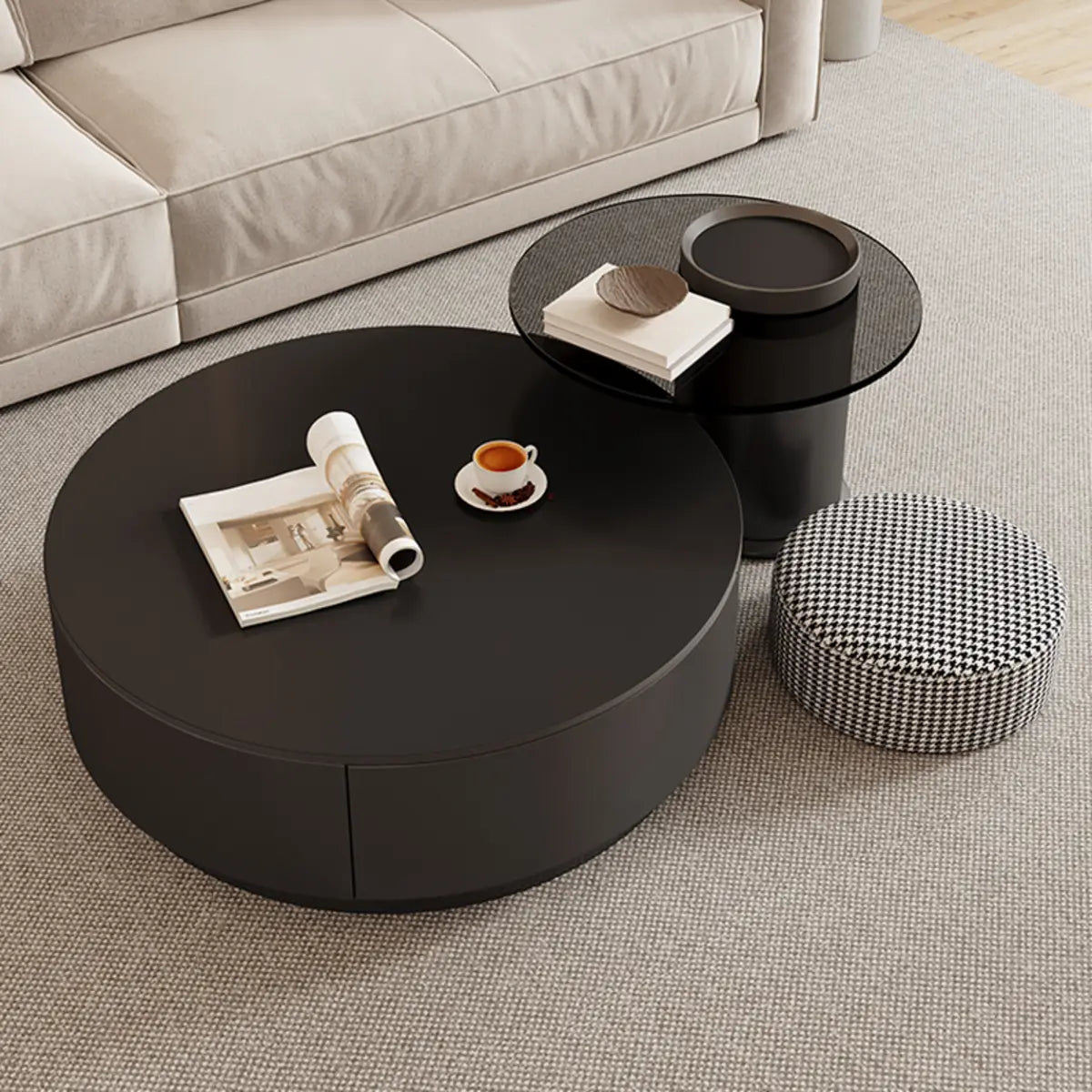 Black Nested Embossed Drum Stone Drawers Coffee Table Image - 1