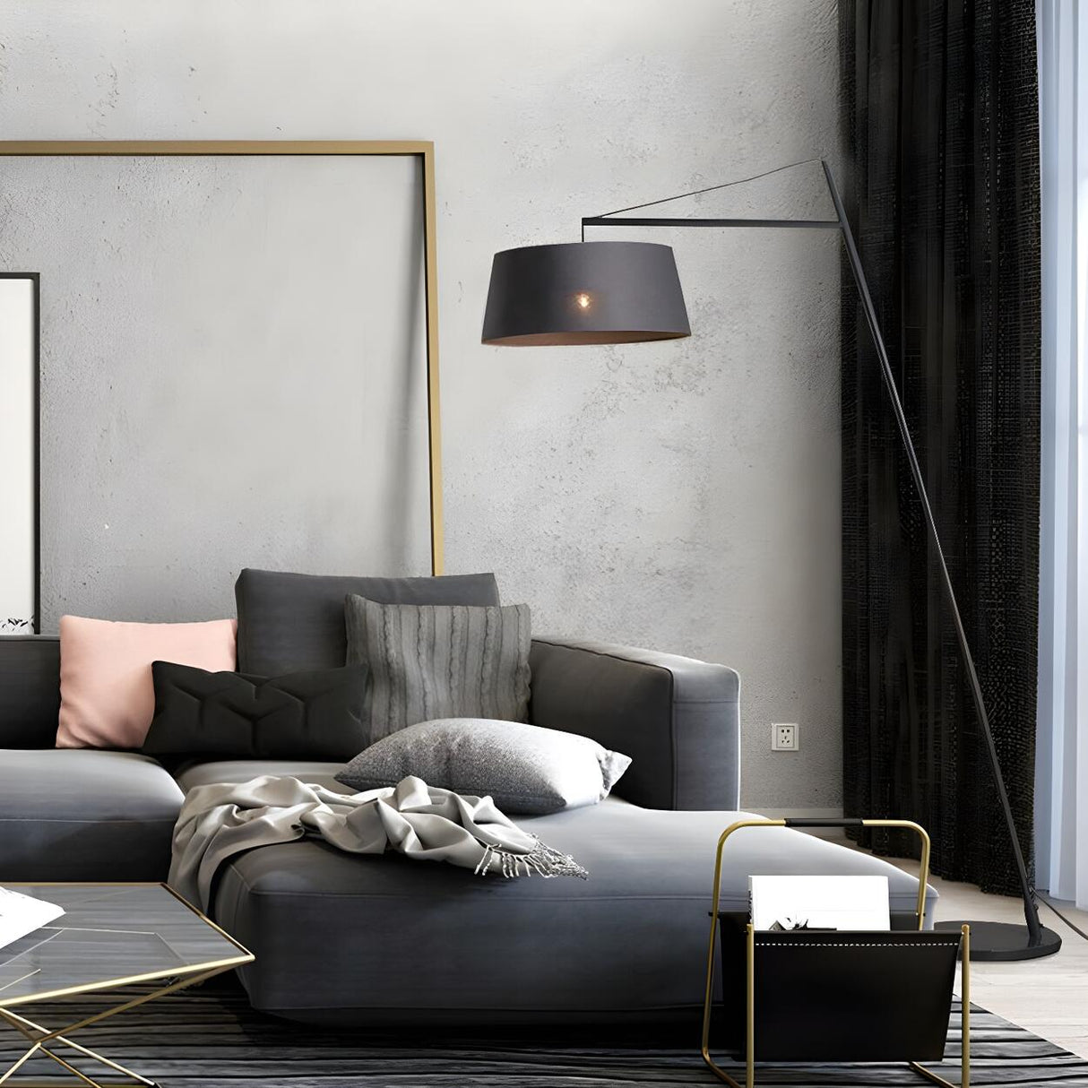 Black Oversized Drum Shade Modern Arc Floor Lamp Image - 9