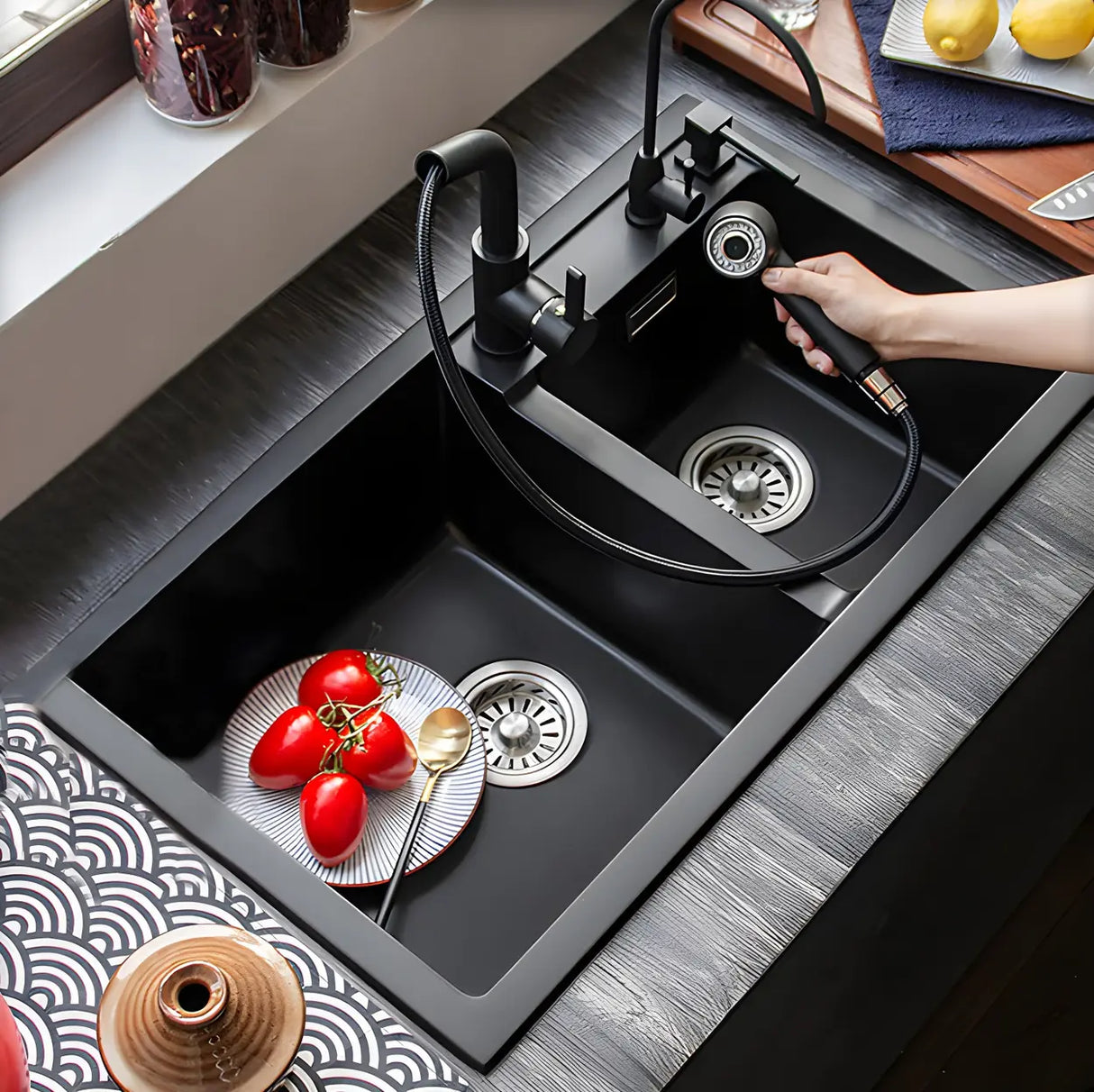 Black Quartz Rectangular Drop-In Overflow Kitchen Sink Image - 1