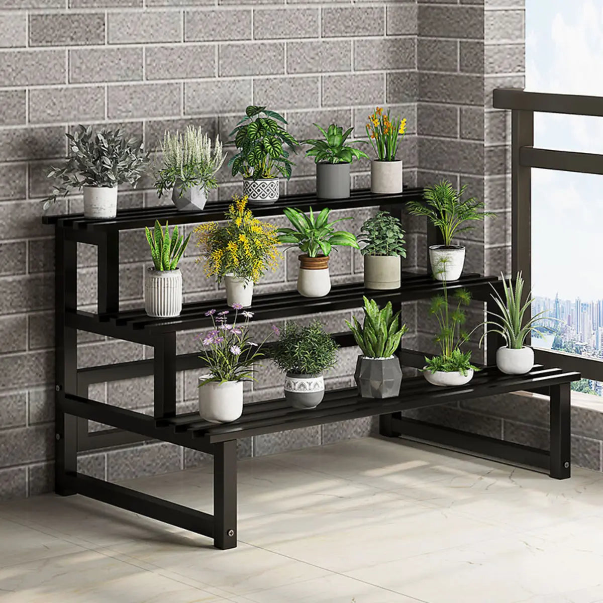 Black Rectangle 3-Tier Metal Storage Crate Plant Stand Image - 2