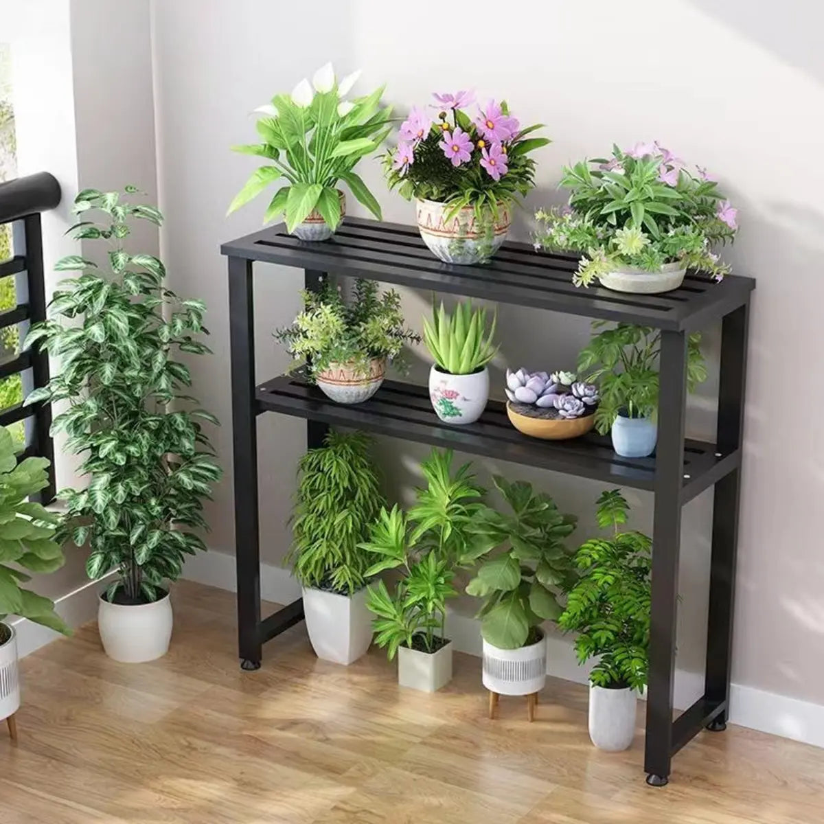 Black Rectangle Metal Balcony Storage Plant Stands Image - 3