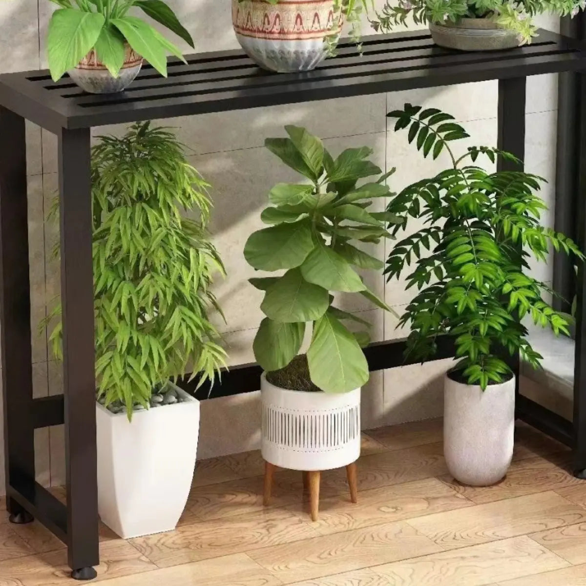 Black Rectangle Metal Balcony Storage Plant Stands Image - 4