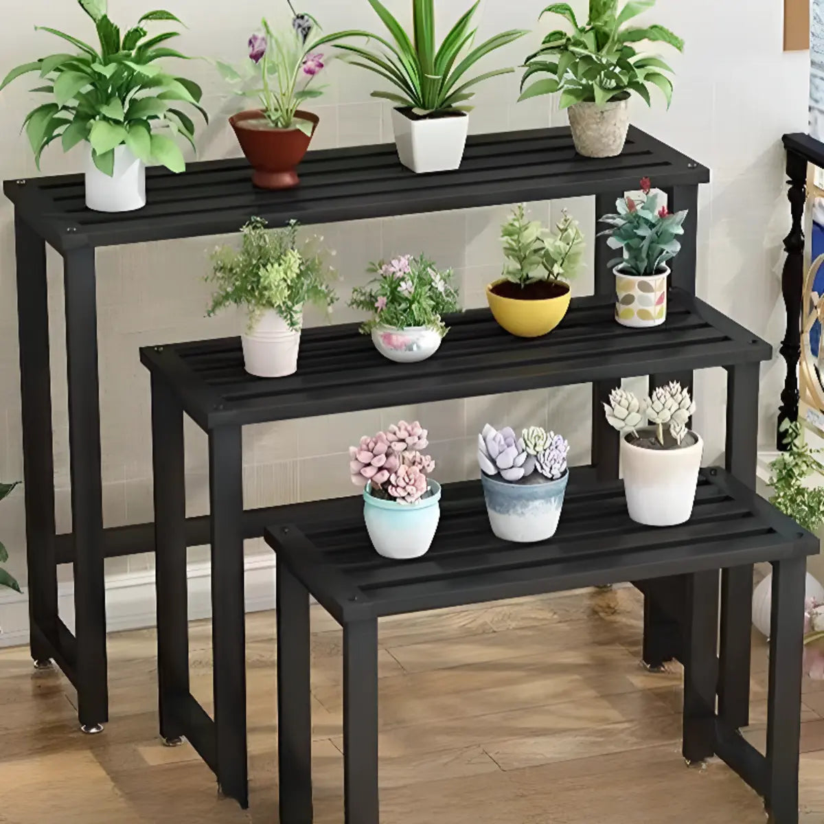 Black Rectangle Metal Balcony Storage Plant Stands Image - 8