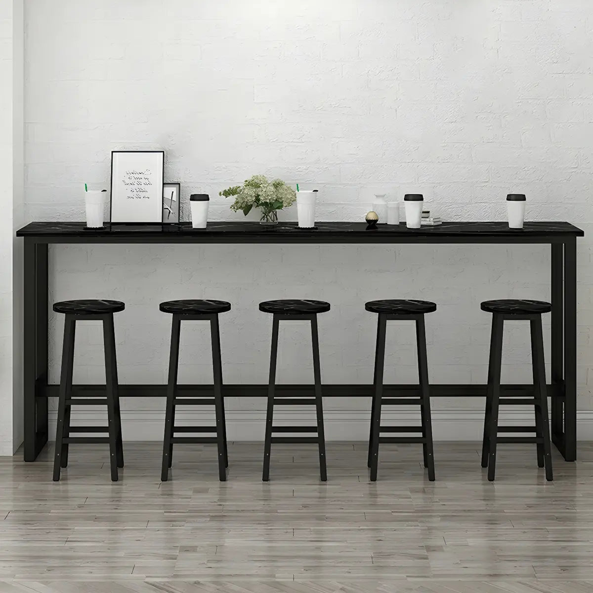 Black Rectangle Wooden Dining Bar Table With Footrest Image - 1