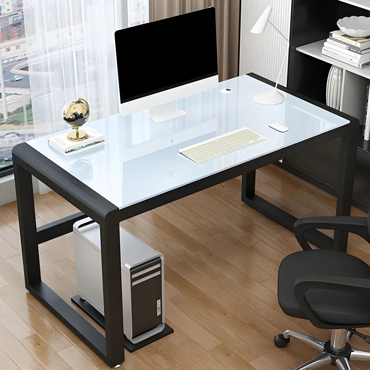 Black Rectangular Glass Top Steel Sled Gaming Desk Image - 1