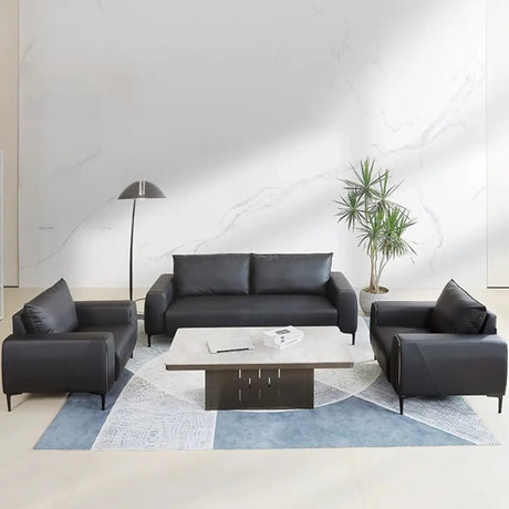 Black Rectangular Leather Wood Frame Sofa with Legs Image - 2