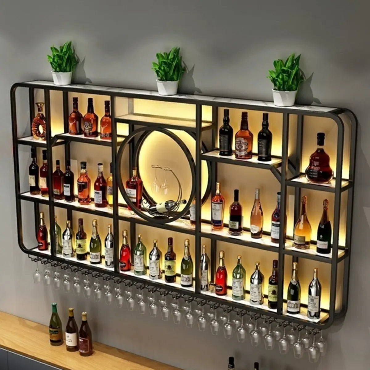 Black Rectangular Metal Floating Wine Rack with Glass Holder Image - 12