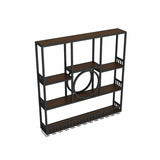 Black Rectangular Metal Floating Wine Rack with Glass Holder Image - 2