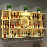 Black Rectangular Metal Floating Wine Rack with Glass Holder Image - 8