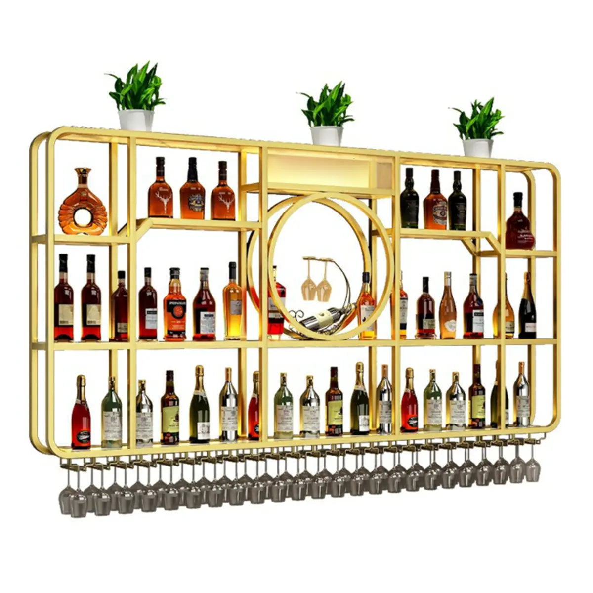 Black Rectangular Metal Floating Wine Rack with Glass Holder Image - 9