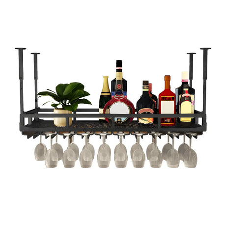 Black Rectangular Metal Large Hanging Wine Rack with Holder Image - 2