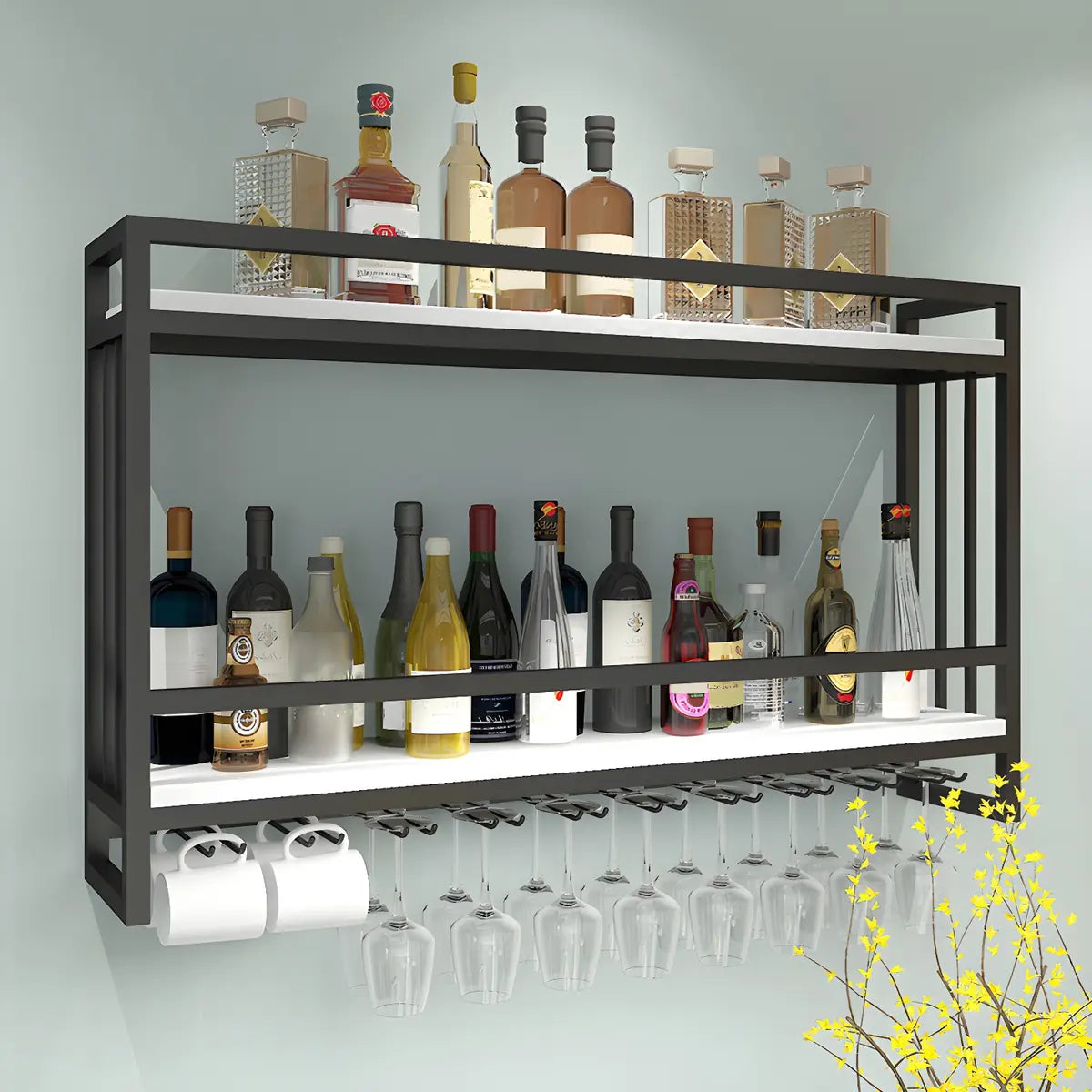 Black Rectangular Metal Wall Wine Rack with Glass Holder Image - 1