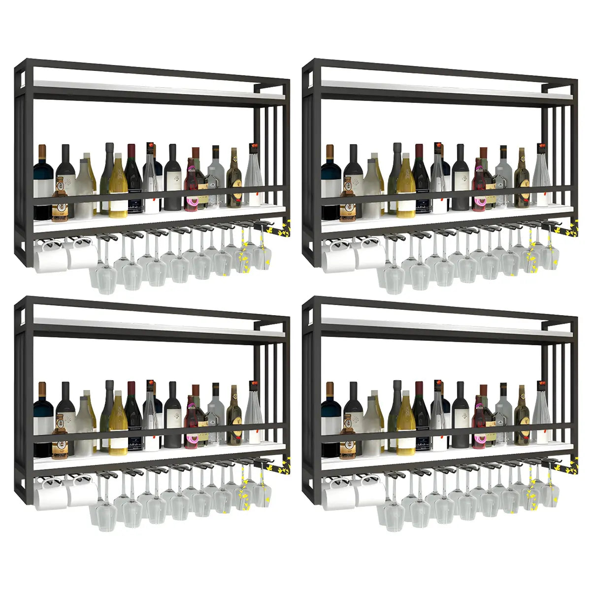 Black Rectangular Metal Wall Wine Rack with Glass Holder Image - 10