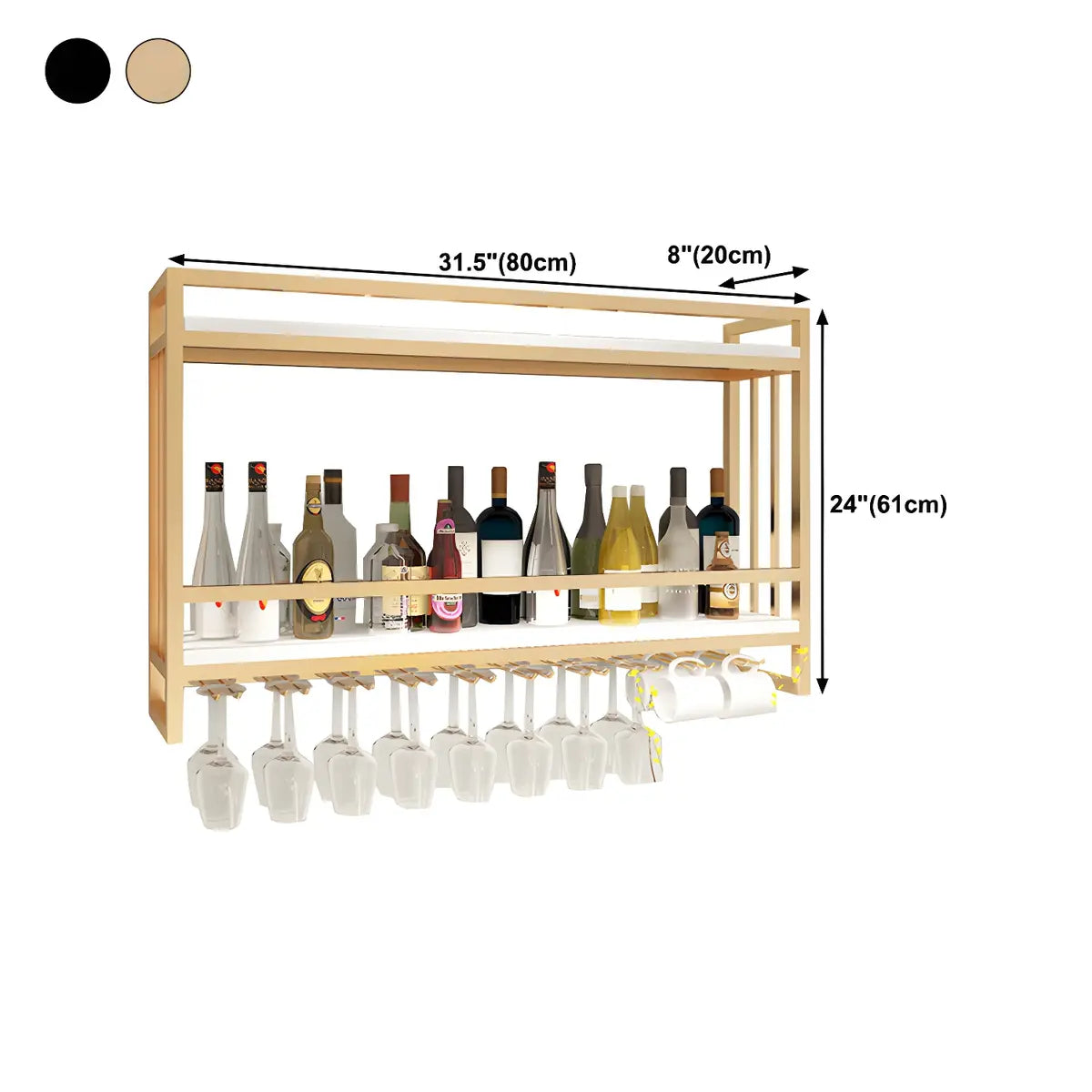 Black Rectangular Metal Wall Wine Rack with Glass Holder 