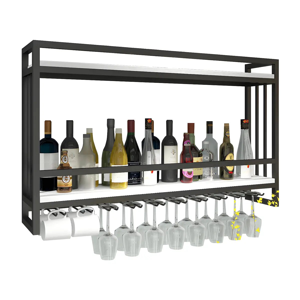 Black Rectangular Metal Wall Wine Rack with Glass Holder Image - 5