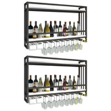 Black Rectangular Metal Wall Wine Rack with Glass Holder Image - 7