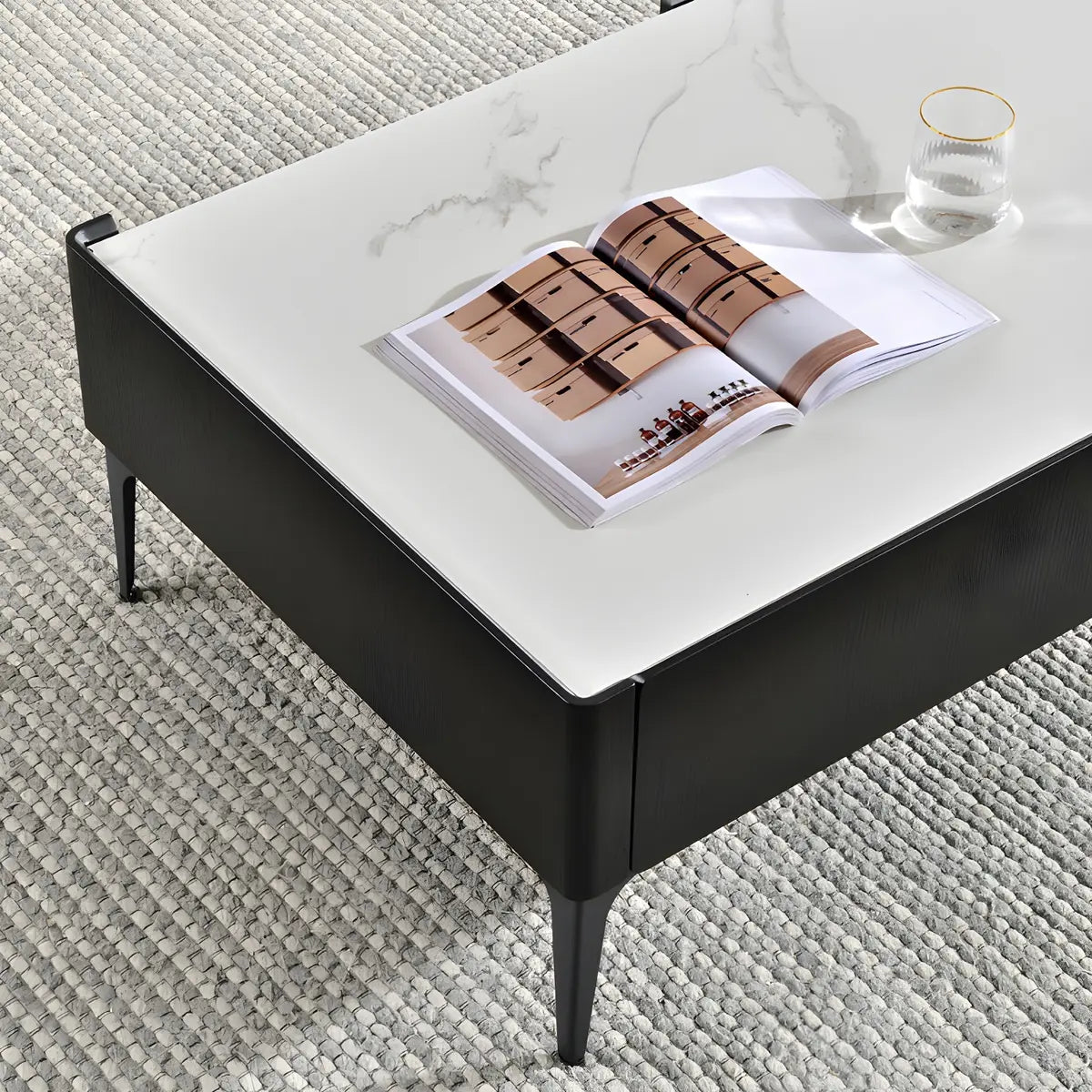 Black Rectangular Stone Shelves Four Leg Coffee Table Image - 14