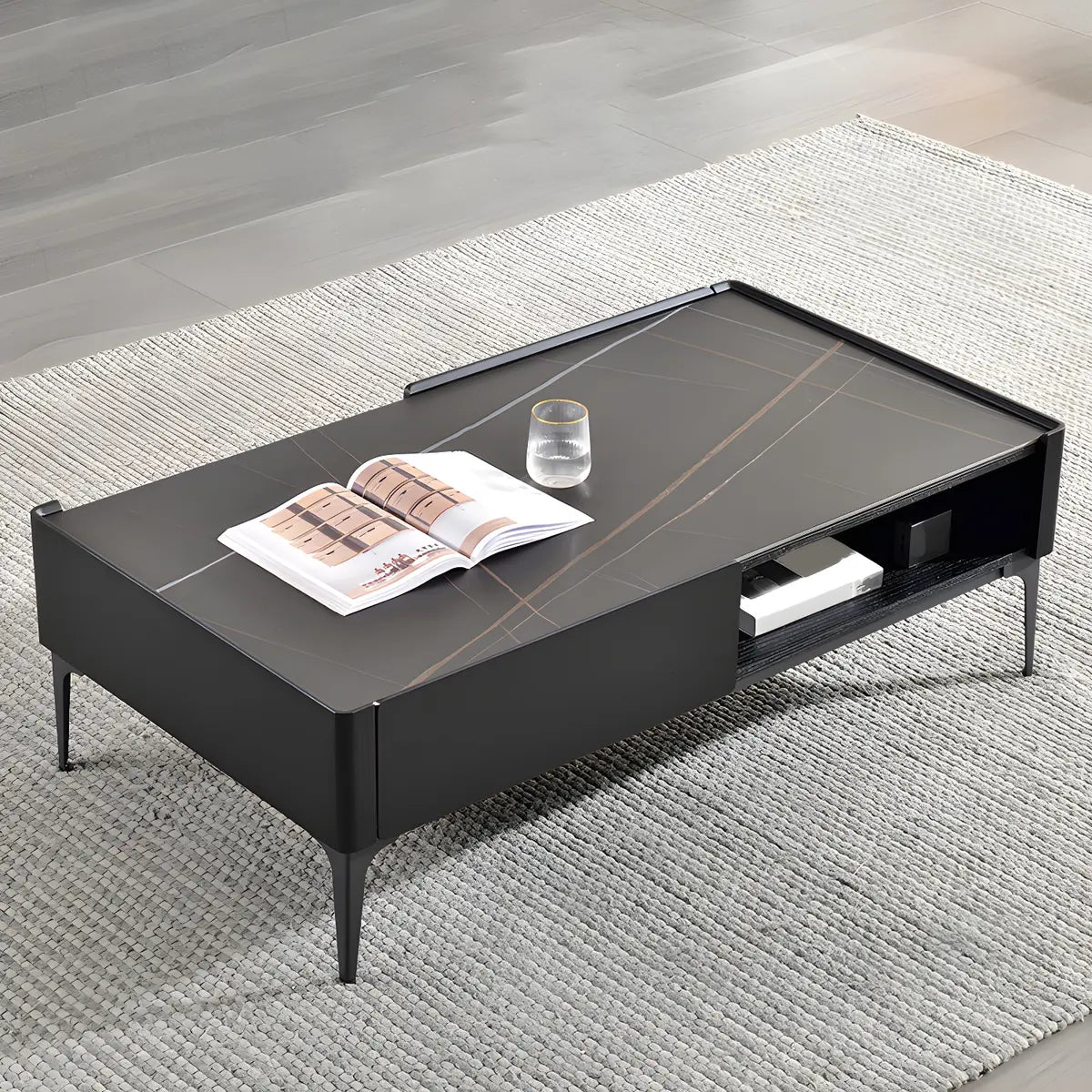 Black Rectangular Stone Shelves Four Leg Coffee Table Image - 3